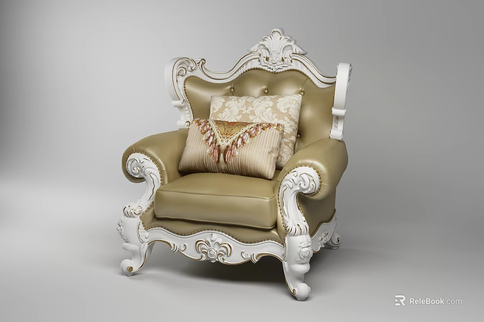 Classic European Style Single Sofa With Ornate White Carved Frame And Beige Leather Upholstery 3d model 
