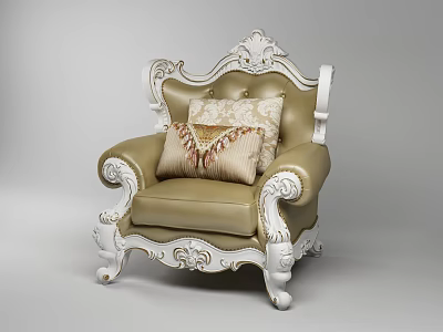 Classic European Style Single Sofa With Ornate White Carved Frame And Beige Leather Upholstery 3d model