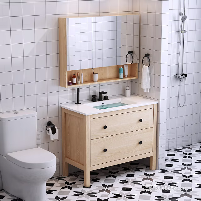 Wooden Bathroom Vanity With Drawers Mirror Tile Wall Toiletries And Black White Geometric Floor Tiles 3d model 