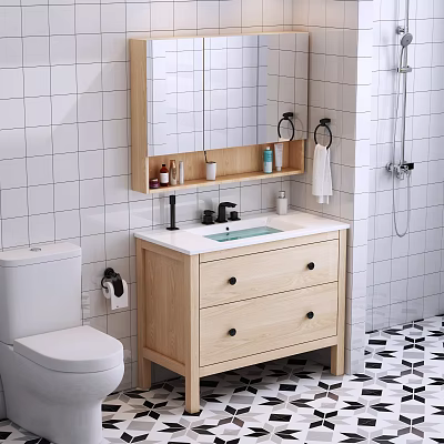 Wooden Bathroom Vanity With Drawers Mirror Tile Wall Toiletries And Black White Geometric Floor Tiles 3d model