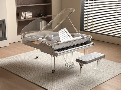 Transparent Acrylic Grand Piano With Matching Bench In Modern Living Room 3d model