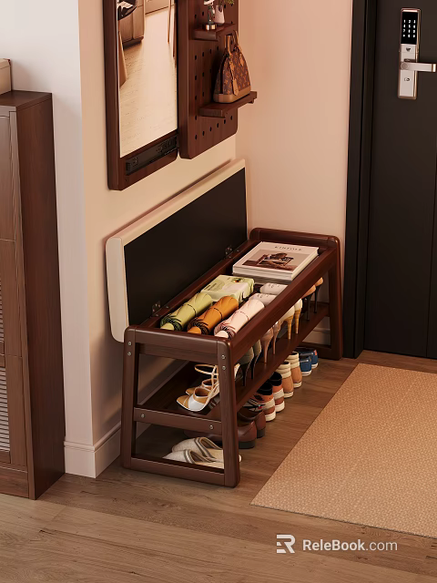 Wooden Shoe Bench With Multi tier Storage For Shoes Folded Towels And Magazine On Top 3d model 