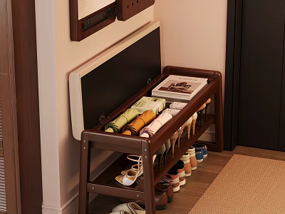 Wooden Shoe Bench With Multi tier Storage For Shoes Folded Towels And Magazine On Top 3d model
