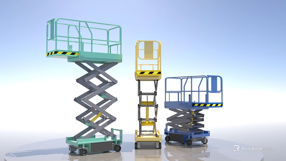 Three Colored Mobile Scissor Lift Platforms With Guardrails And Wheels 3d model 