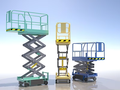 Three Colored Mobile Scissor Lift Platforms With Guardrails And Wheels 3d model