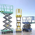 Three Colored Mobile Scissor Lift Platforms With Guardrails And Wheels