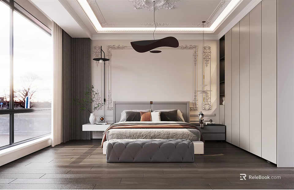 Modern Bedroom Interior Design With King Size Bed Nightstands Large Window And Wooden Floor 3d model 
