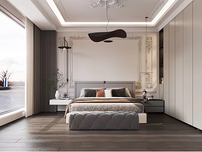 Modern Bedroom Interior Design With King Size Bed Nightstands Large Window And Wooden Floor 3d model