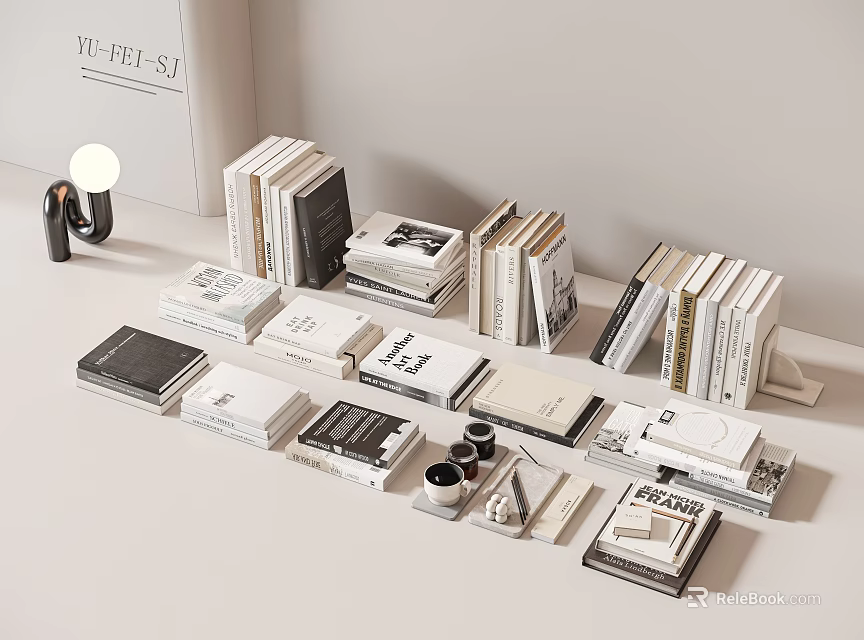Books and Magazines Stacked in Various Sizes with Modern Arrangement and Decorative Items 3d model 