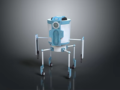 Game and Movie Character Robot With Blue White Bucket Shaped Body Multiple Legs And Wheels 3d model