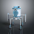 Game and Movie Character Robot With Blue White Bucket Shaped Body Multiple Legs And Wheels