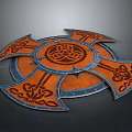 Decorative Multi Bladed Axe With Orange Blue Finish And Intricate Patterns On Circular Center 3d model