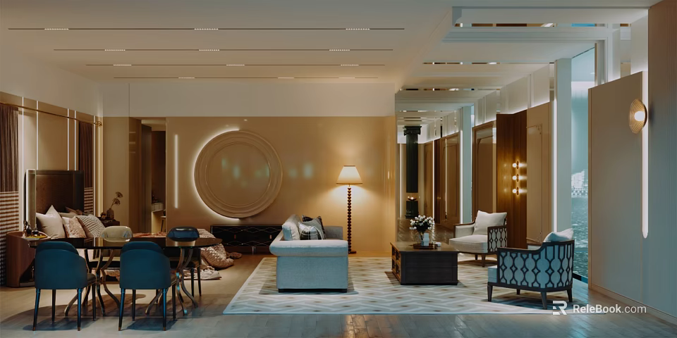Modern Bedroom Interior Design With Circular Decor Sofa Coffee Table Floor Lamp Rug And Chairs 3d model 