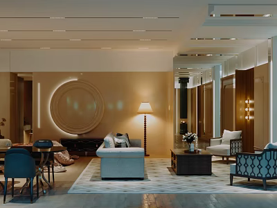 Modern Bedroom Interior Design With Circular Decor Sofa Coffee Table Floor Lamp Rug And Chairs 3d model