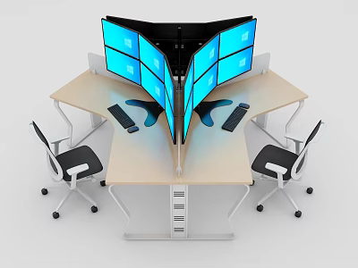 Modern Office Desk With Multiple Curved Monitors Two Ergonomic Chairs And Storage Drawers 3d model