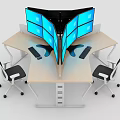 Modern Office Desk With Multiple Curved Monitors Two Ergonomic Chairs And Storage Drawers