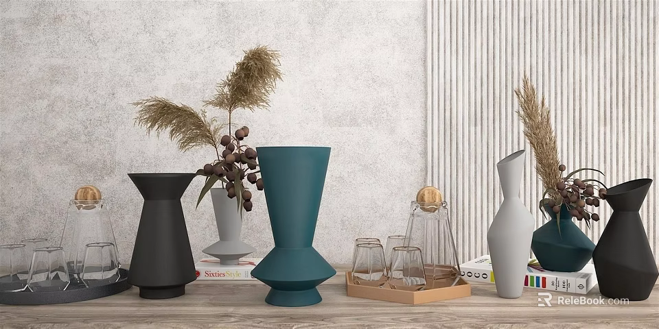 Stylish Vases With Pampas Grass And Berries For Modern Interior Decor 3d model 