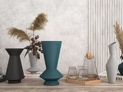 Stylish Vases With Pampas Grass And Berries For Modern Interior Decor 3d model