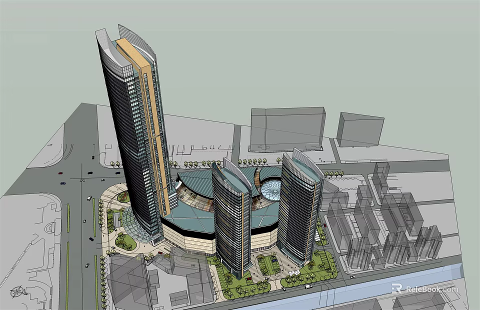Modern High Rise Office Buildings With Glass Facade And Urban Green Space 3d model 