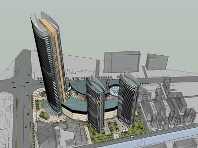 Modern High Rise Office Buildings With Glass Facade And Urban Green Space 3d model