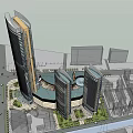 Modern High Rise Office Buildings With Glass Facade And Urban Green Space