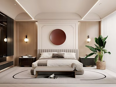 Modern Bedroom Interior Design With Circular Wall Art Wall Sconces Area Rug And Potted Plant 3d model