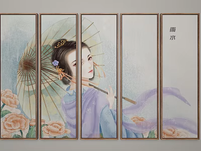 Traditional Chinese Four Panel Screen Painting With Lady Holding Umbrella Pink Flowers And Purple Ribbon 3d model