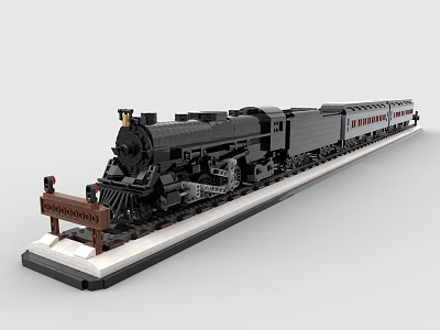 Building Blocks Steam Locomotive Model with Rock Island Sign on Railway Track and Detailed Base 3d model