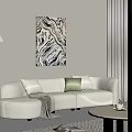White Multi Person Sofa With Green Cushion Gray Blanket Abstract Painting And Floor Lamp