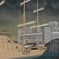 Wooden Ship With Tall Masts Near Ancient Stone Castle In Rainy Weather