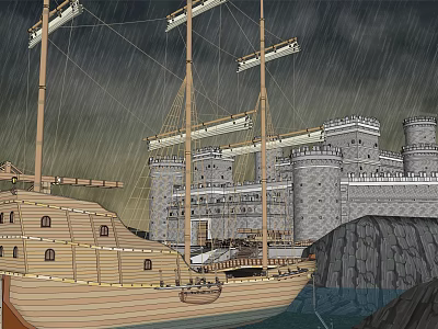 Wooden Ship With Tall Masts Near Ancient Stone Castle In Rainy Weather 3d model