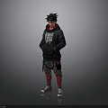 Man In Black Hoodie With White Graphic Black Cargo Pants Red Knee Pads Gray Sneakers