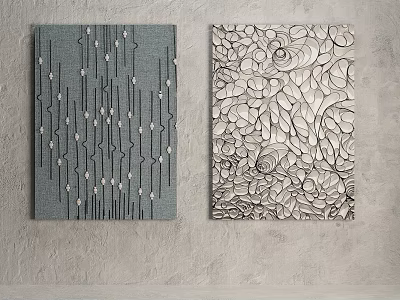 Two Abstract Wall Decor Pieces With Geometric And Organic Patterns On Gray Textured Background 3d model