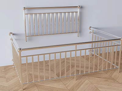 Gold Toned Metallic Railings With Vertical Bars On Herringbone Wooden Floor And Light Walls 3d model
