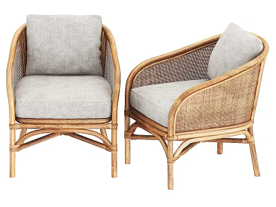 Stylish Rattan Armchair with Light Gray Fabric Cushion and Wooden Frame 3d model