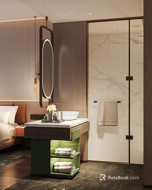 Elegant Warm Luxury Bathroom With LED Lighted Oval Mirror Marble Vanity And Glass Shower Space 3d model 