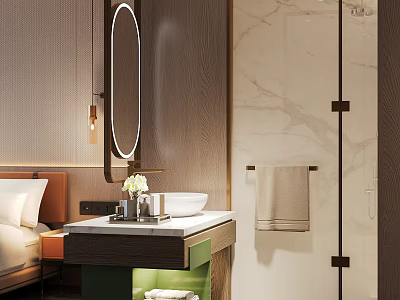 Elegant Warm Luxury Bathroom With LED Lighted Oval Mirror Marble Vanity And Glass Shower Space 3d model