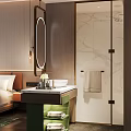 Elegant Warm Luxury Bathroom With LED Lighted Oval Mirror Marble Vanity And Glass Shower Space