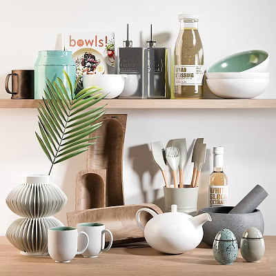Assorted Kitchenware Collection With Mugs Bowls Spatulas And Teapot On Shelf 3d model