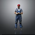 Worker In Blue Overalls Gray T-shirt Red Cap Knee Pads Standing Against Gray Background