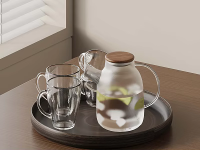Wooden Tray Holding Glass Pitcher With Wooden Lid Lemon Slices And Glass Mugs 3d model