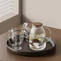 Wooden Tray Holding Glass Pitcher With Wooden Lid Lemon Slices And Glass Mugs