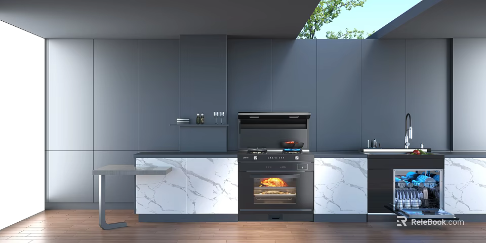 Modern Gray Kitchen Cabinets With Marble Countertop And Built-in Appliances 3d model 