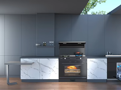 Modern Gray Kitchen Cabinets With Marble Countertop And Built-in Appliances 3d model