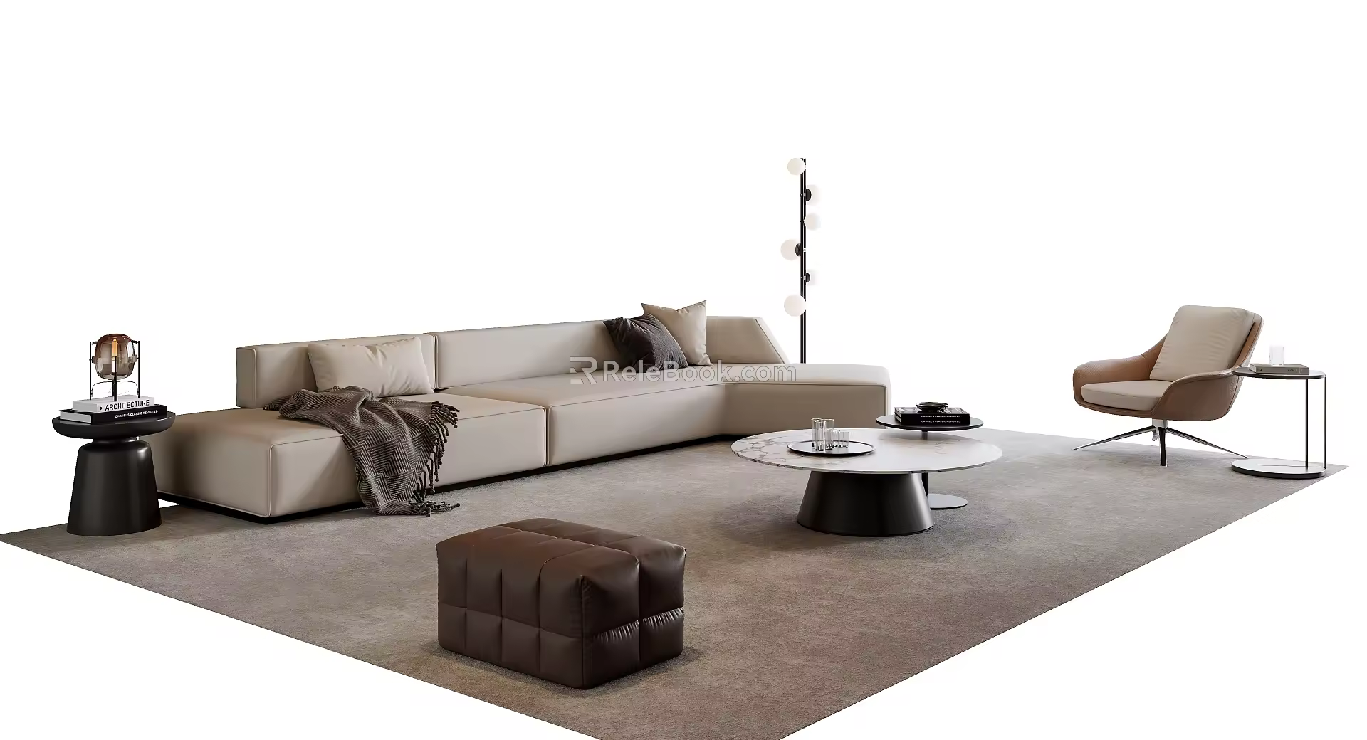 Italian Sofa Coffee Table Combination Leather Sofa Stool Leisure Chair Floor Lamp Side Table Lamp Coffee Table 3d model
