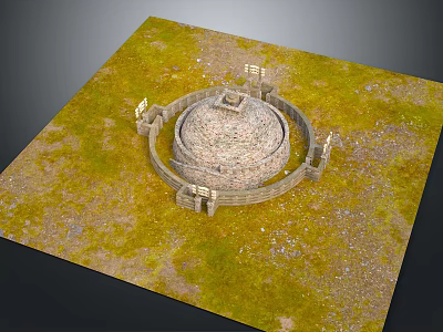 Ancient Circular Stone Structure With Enclosure Walls On Grass And Gravel Ground 3d model