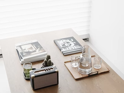 Stylish Decorative Accessories Set on Wooden Table with Magazines Vintage Radio Glass Carafe and Cups 3d model