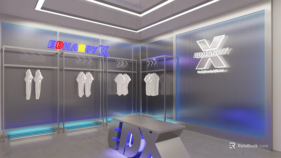 EDRA BOY X Store Modern Interior With SUPER X Collection White T-shirts Hangers Display Table 3d model 