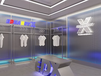 EDRA BOY X Store Modern Interior With SUPER X Collection White T-shirts Hangers Display Table 3d model
