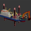 Engineering Work Vessel With Multiple Towers And Yellow Excavator Arm 3d model